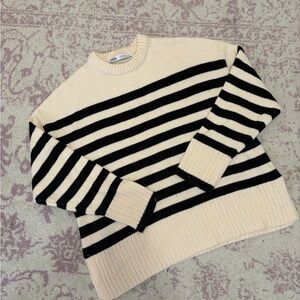 Zara Black and Cream Striped Knit Sweater